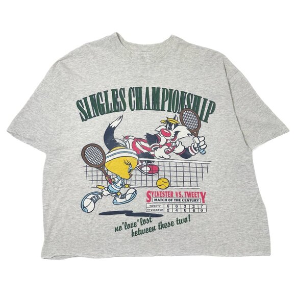 1991 Sylvester vs. Tweety Tennis Graphic Tee Cropped XL - Picture 1 of 4
